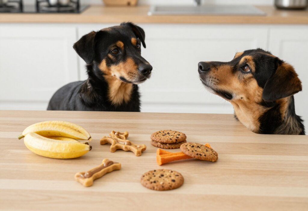Homemade 3-ingredient dog treats arranged on a table with a dog looking on