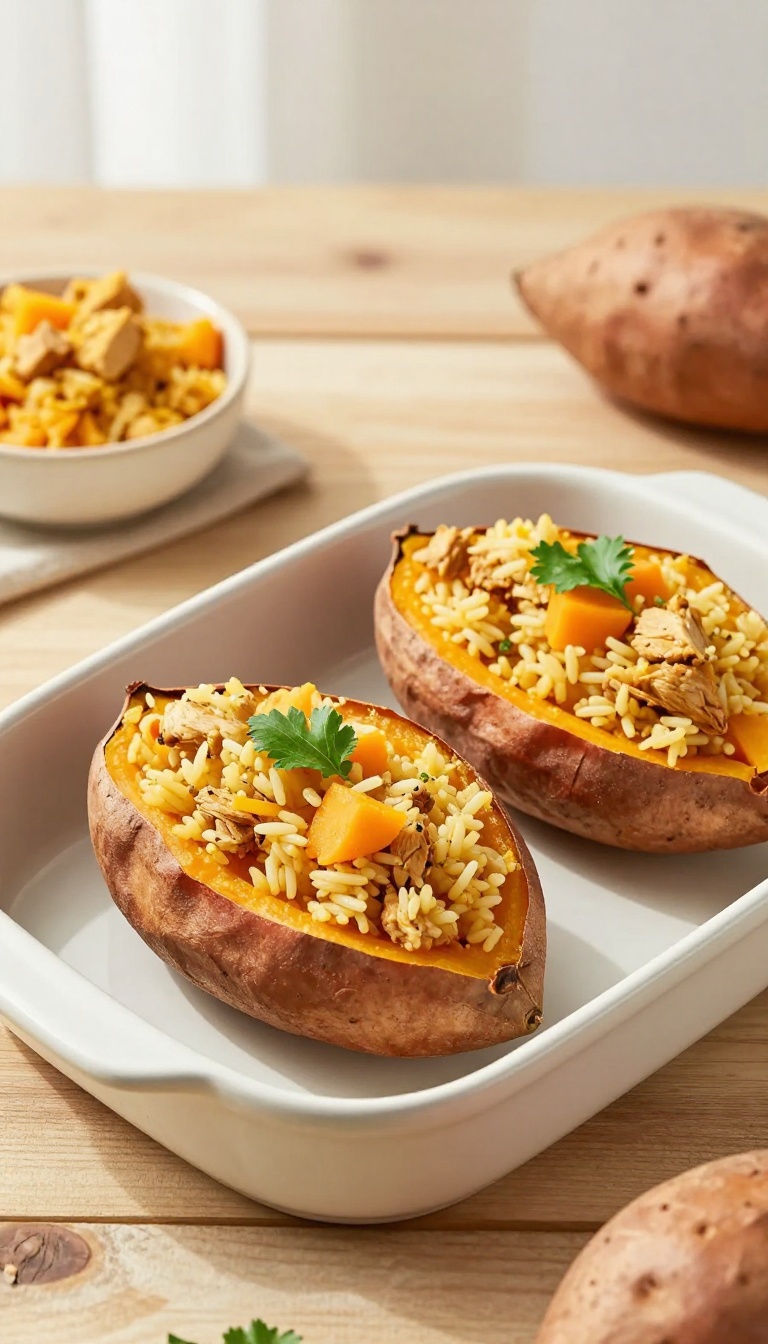15. Pumpkin Chicken Rice Stuffed Sweet Potatoes