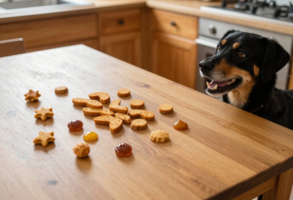 Homemade sweet potato dog treats in various forms on a wooden table with a dog watching
