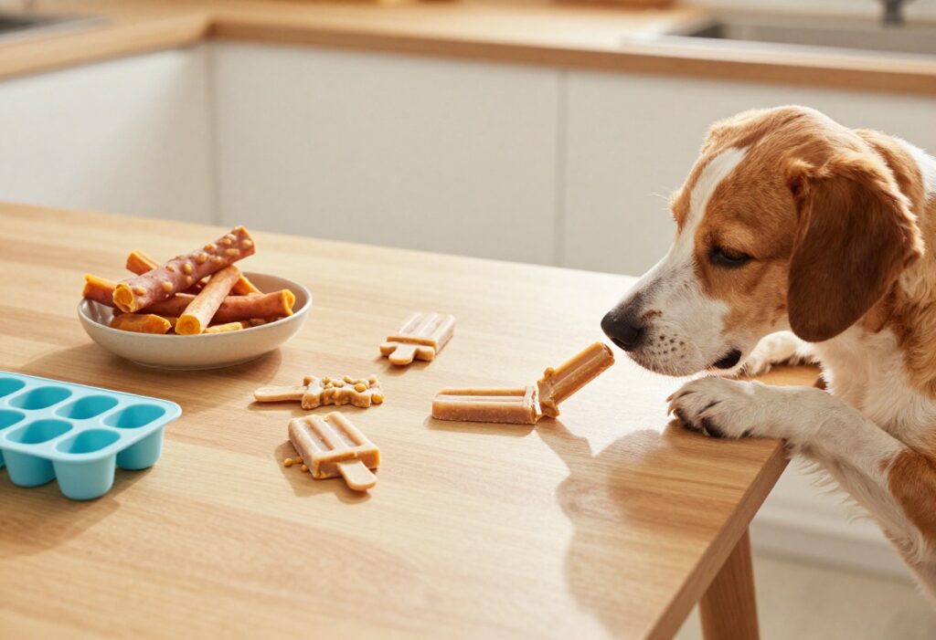 Homemade long-lasting dog treats including frozen pupsicles and sweet potato chews on a table