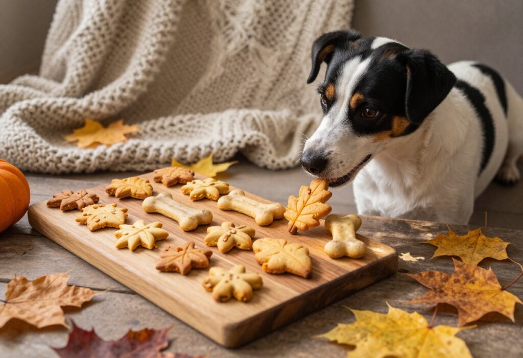 Homemade peanut butter pumpkin dog cookies shaped like leaves and bones on a wooden board with a dog looking on.