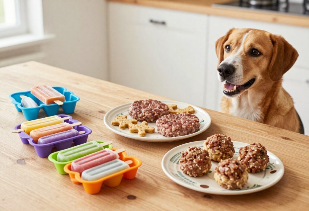 Homemade raw dog treats arranged on a table with a dog looking on