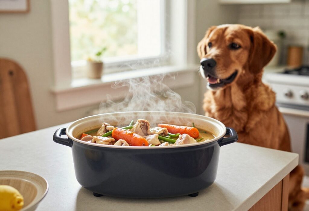 Crockpot filled with homemade dog stew, with a happy dog waiting nearby