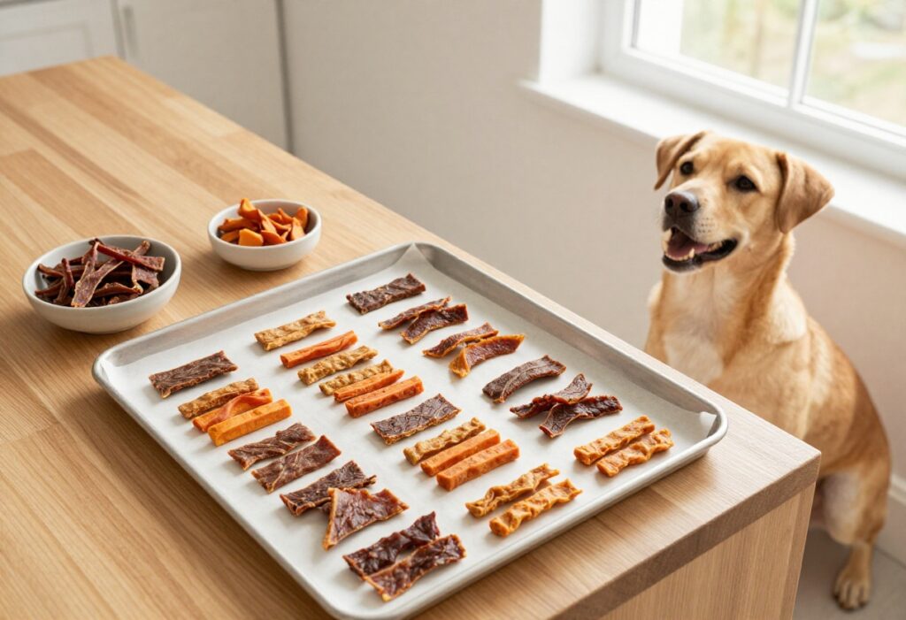 Homemade dehydrated dog treats on a baking sheet with a dog watching