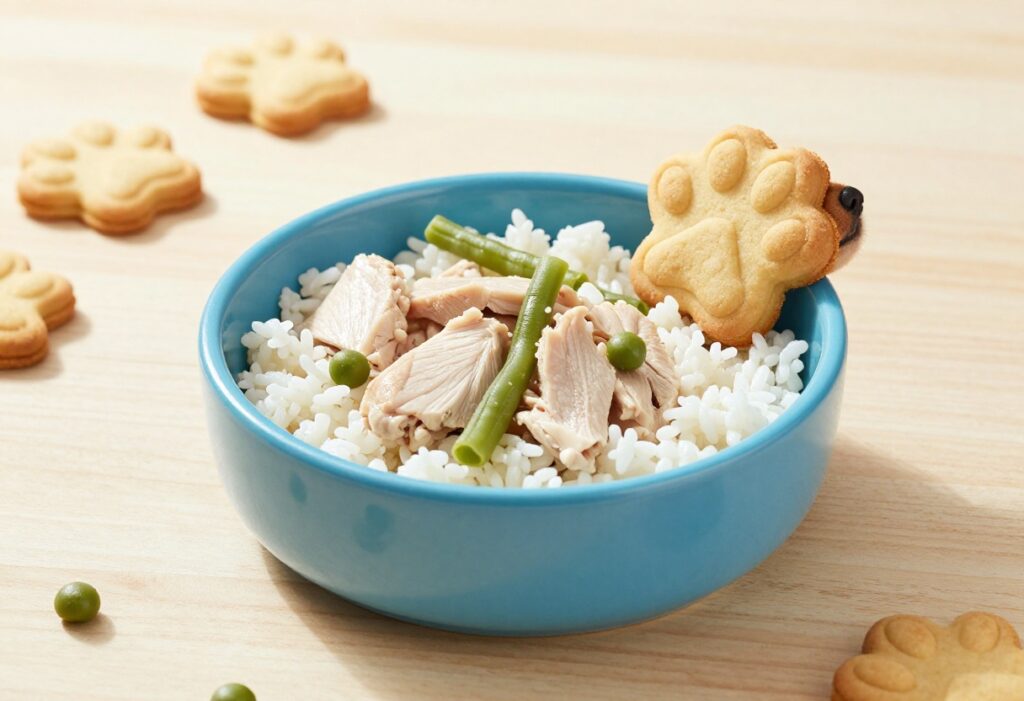Homemade dog food bowl with chicken and rice, topped with green beans, and a dog paw print cookie beside it