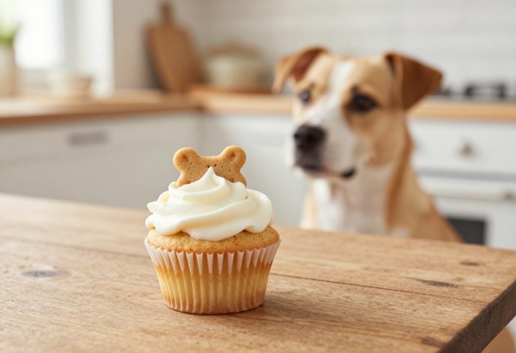 Homemade dog cupcake with yogurt frosting and a dog bone on top, with a dog looking on