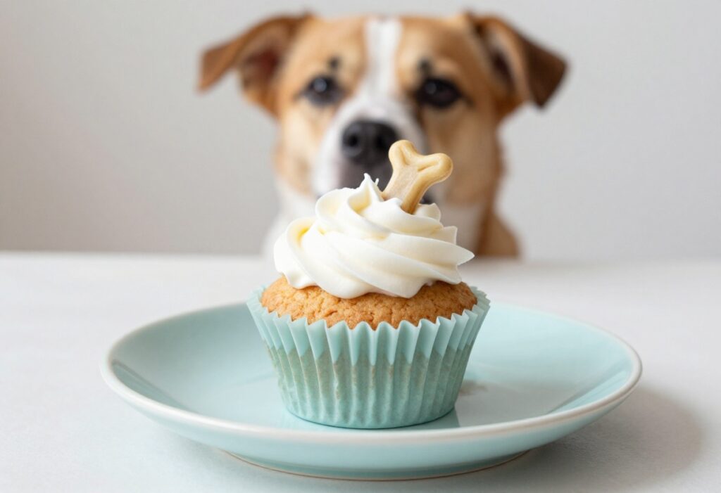 Homemade dog cupcake with yogurt frosting and a dog bone topper, perfect for a dog birthday celebration.