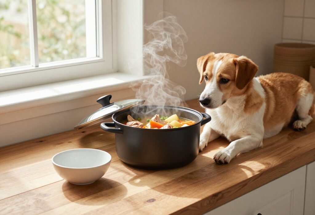 A slow cooker filled with homemade dog stew, with a happy dog watching nearby