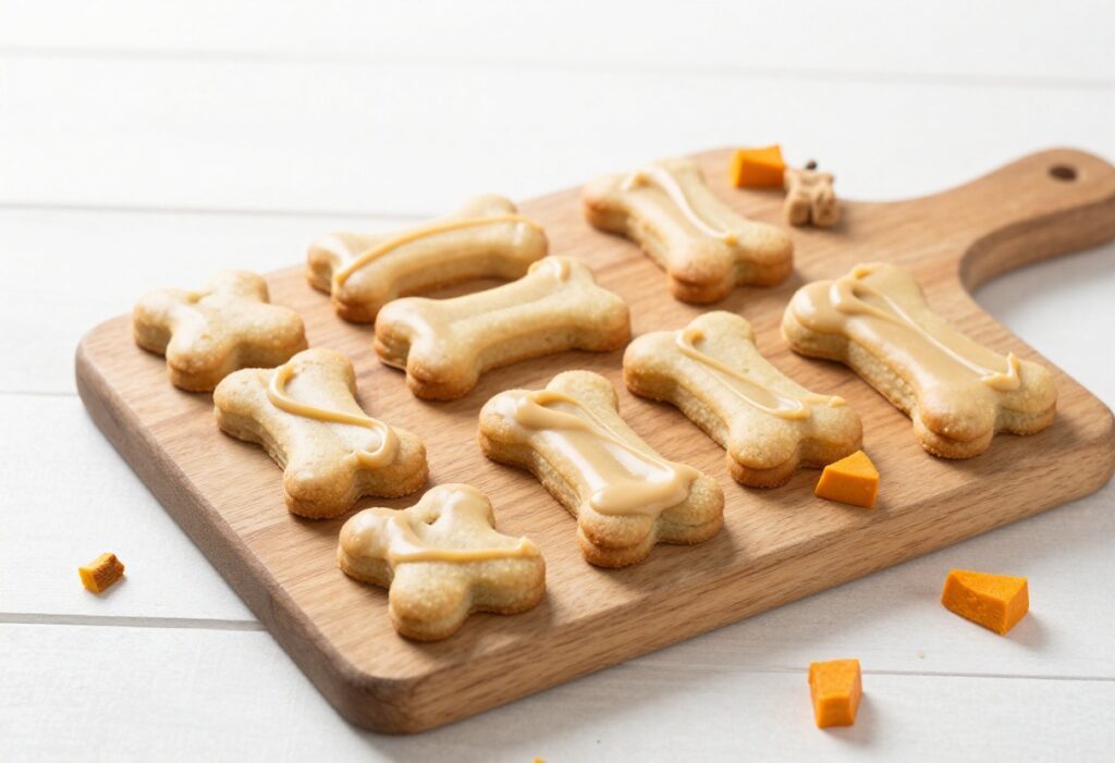 Homemade frosted pumpkin dog cookies arranged on a wooden board, perfect for a dog birthday party.
