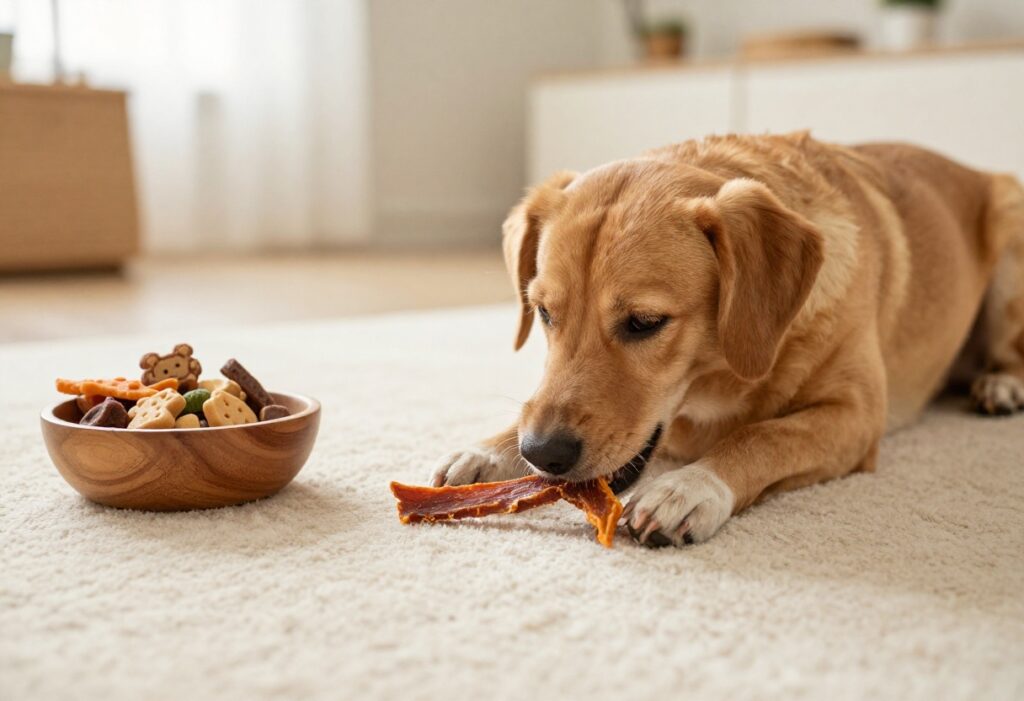 Happy dog chewing on a long-lasting homemade sweet potato jerky treat