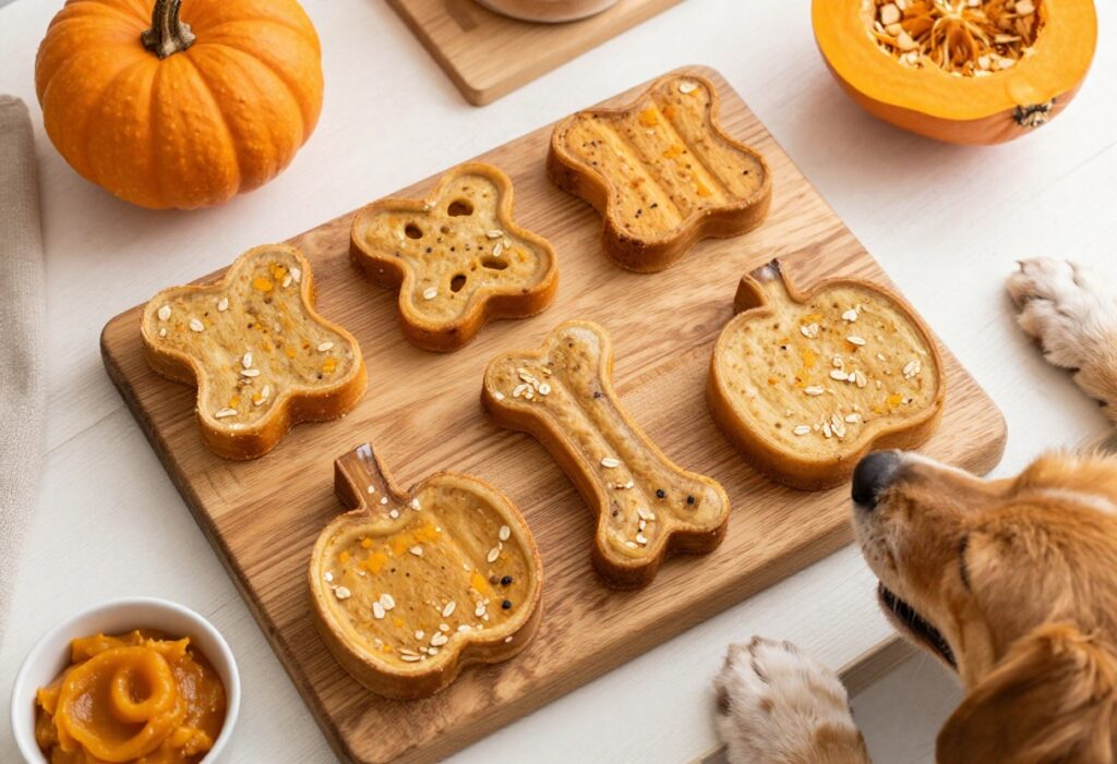 Homemade pumpkin dog chews on a wooden board with a dog's paw reaching for them