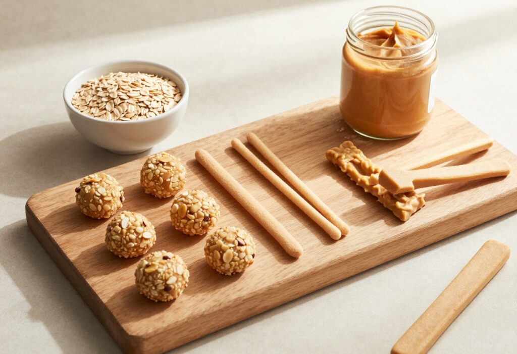 Homemade no-bake dog treats with peanut butter and oats on a wooden board