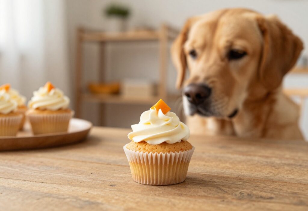 Homemade dog cupcake with yogurt frosting and pumpkin piece on a wooden table, with a dog watching