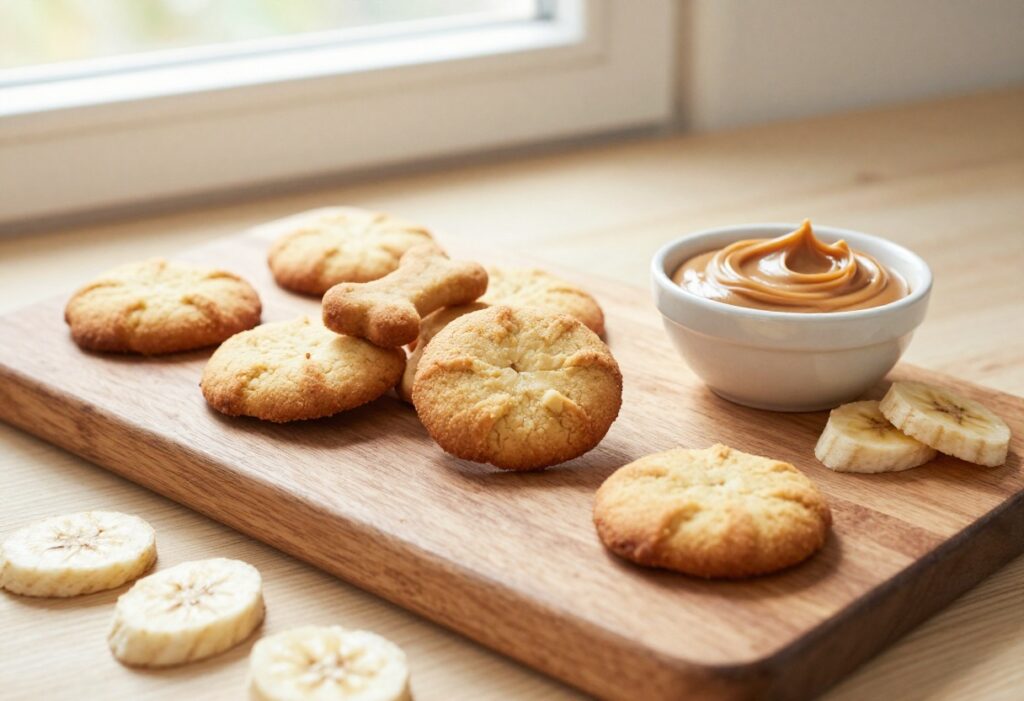 Homemade peanut butter banana dog cookies on a wooden board with banana slices and peanut butter