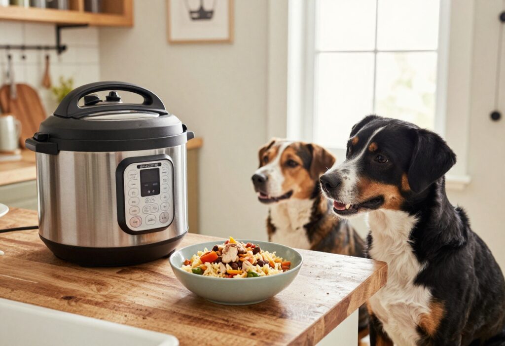 Instant Pot with a bowl of homemade dog food next to it, a dog waiting eagerly