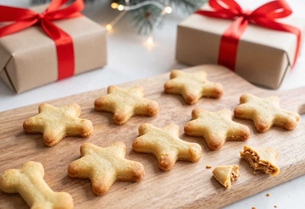Homemade peanut butter pumpkin dog cookies arranged on a wooden board with a holiday gift box in the background