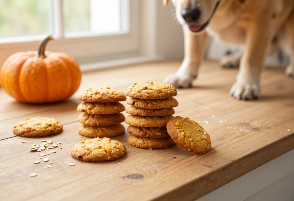 Homemade pumpkin dog cookies with a crisp oat snap, arranged on a wooden surface with a pumpkin and a dog's paw reaching for one.