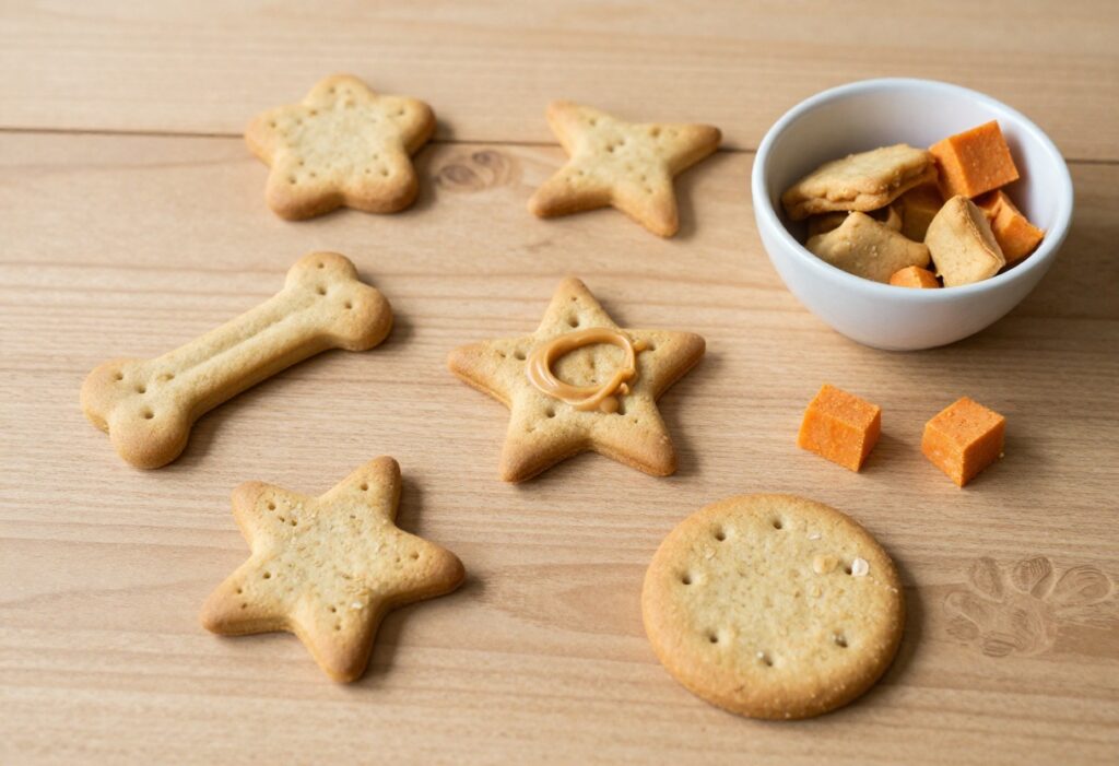 Homemade crunchy dog biscuits with peanut butter and oats on a wooden table