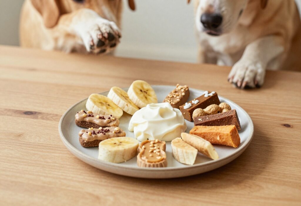 Homemade 3-ingredient dog treats on a rustic plate with a dog's paw reaching for them