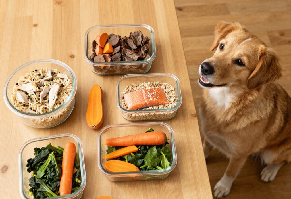 Homemade dog food meal prep in glass containers with fresh ingredients and a dog watching
