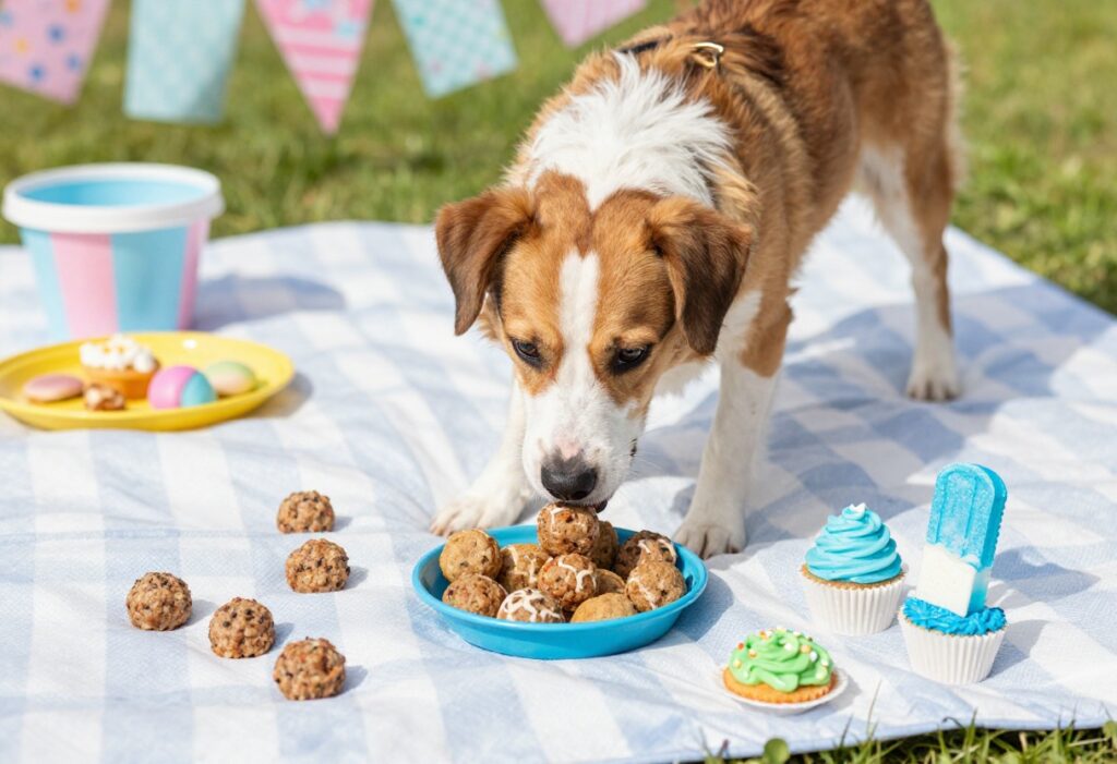 Homemade dog food party spread with fresh ingredients and a happy dog