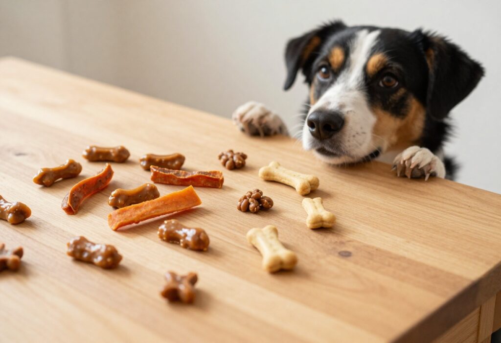 Homemade long-lasting dog treats arranged on a table with a dog looking on