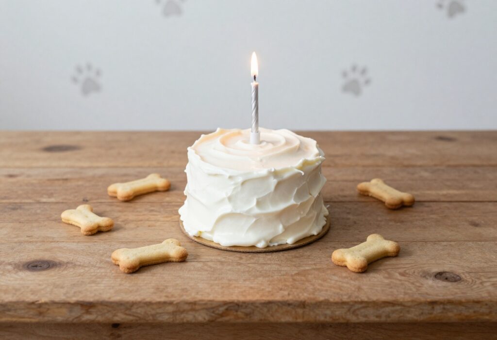 Homemade dog cake with yogurt frosting and a bone-shaped cookie, surrounded by dog treats on a wooden table