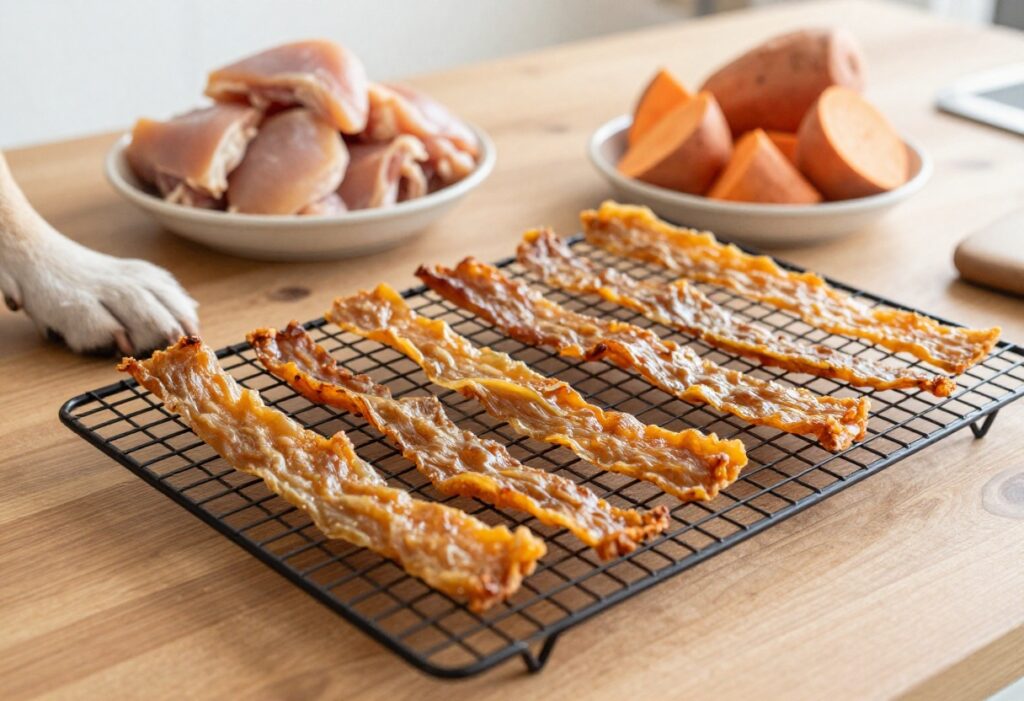 Homemade dog jerky strips on a cooling rack with a dog's paw reaching for them