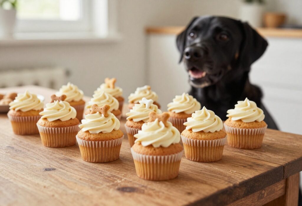 Homemade dog cupcakes with peanut butter frosting on a wooden table, a dog eagerly watching nearby.