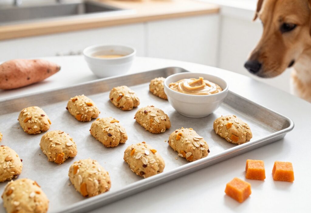 Homemade dog biscuits and sweet potato chews on a baking sheet, ready for meal prep
