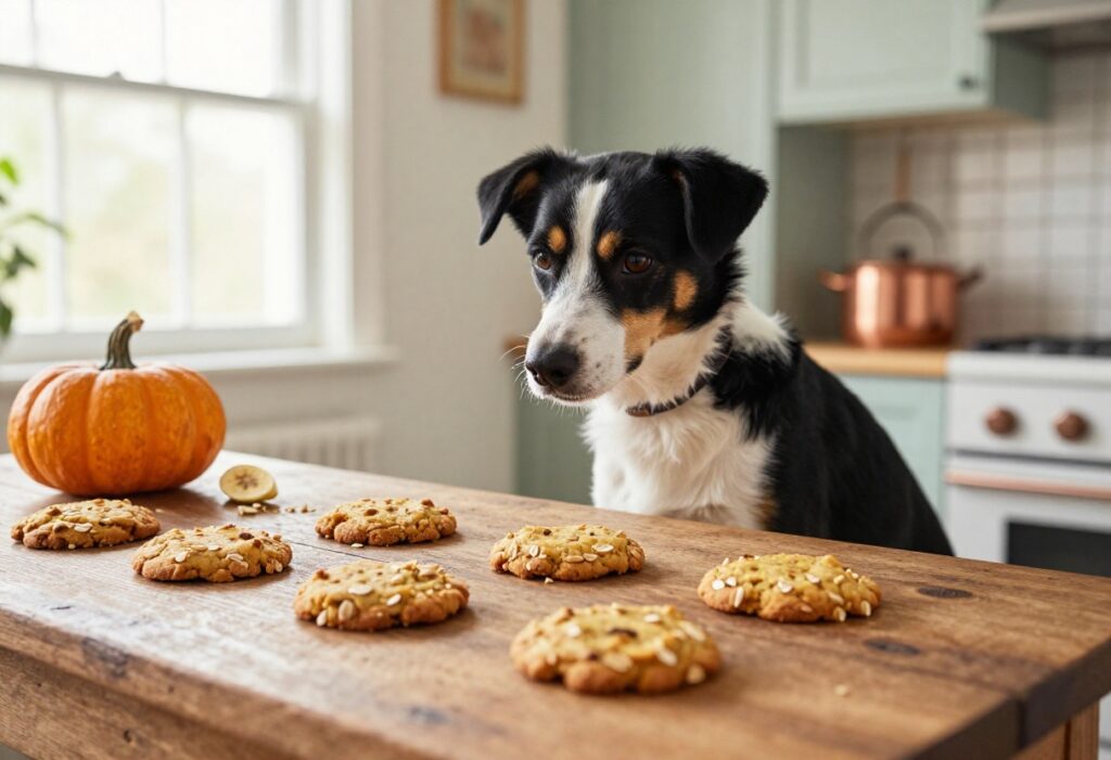 Homemade pumpkin banana dog cookies on a wooden table with a dog eagerly waiting