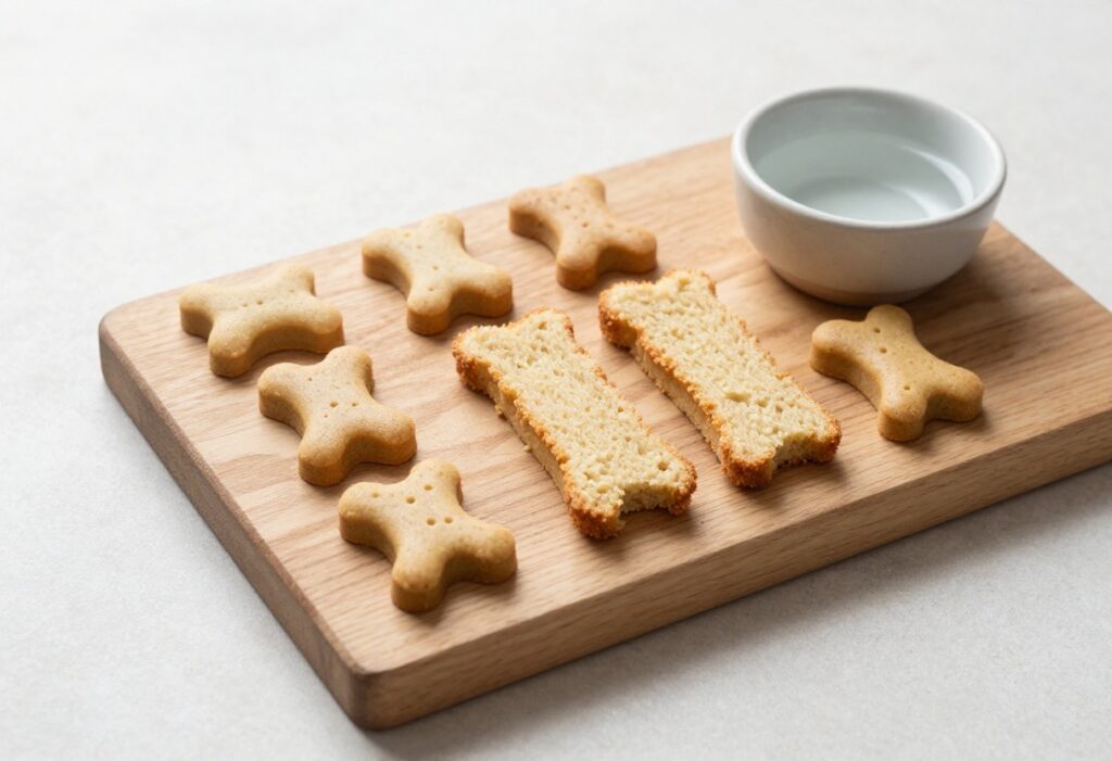 Homemade dog cake with a dog bone treat on top, on a wooden board with slices