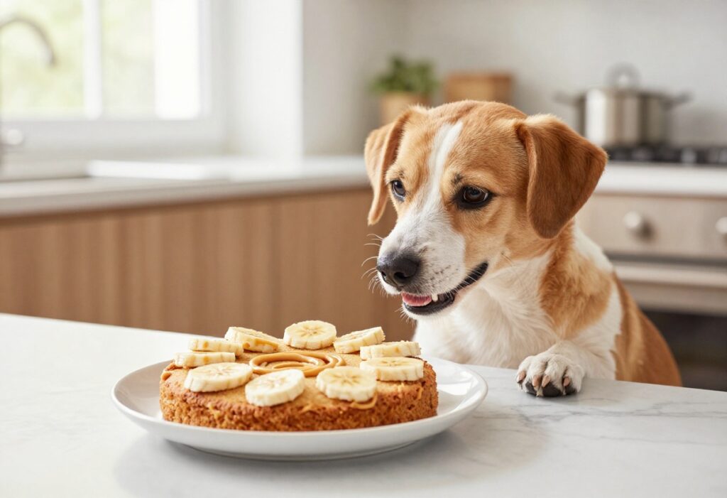 Happy dog with a homemade 3-ingredient dog cake