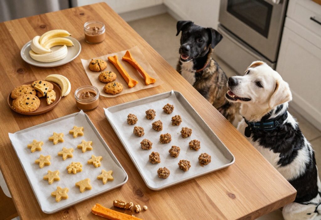 Homemade dog treats arranged on a baking sheet with a dog looking on