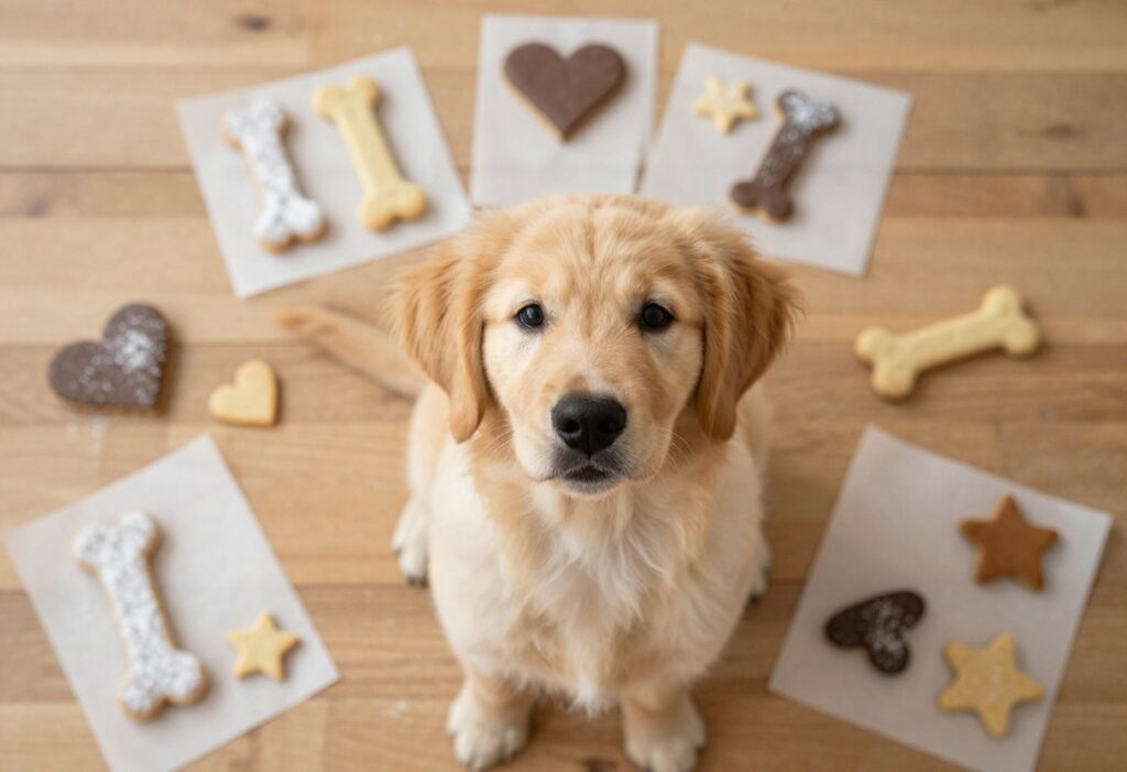 Homemade dog treats in fun shapes on a table with a golden retriever waiting patiently
