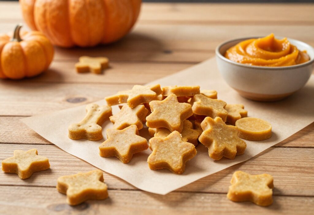 Homemade pumpkin dog chews slow-baked on parchment paper with pumpkin puree nearby