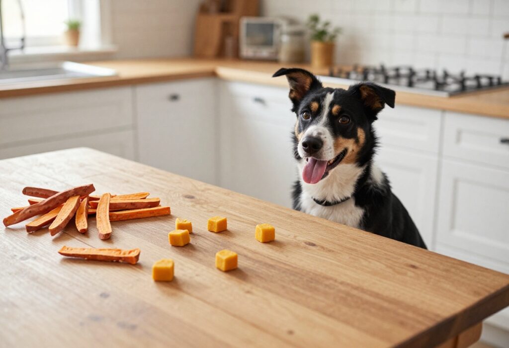 Homemade dog chews on a wooden table with a happy dog nearby