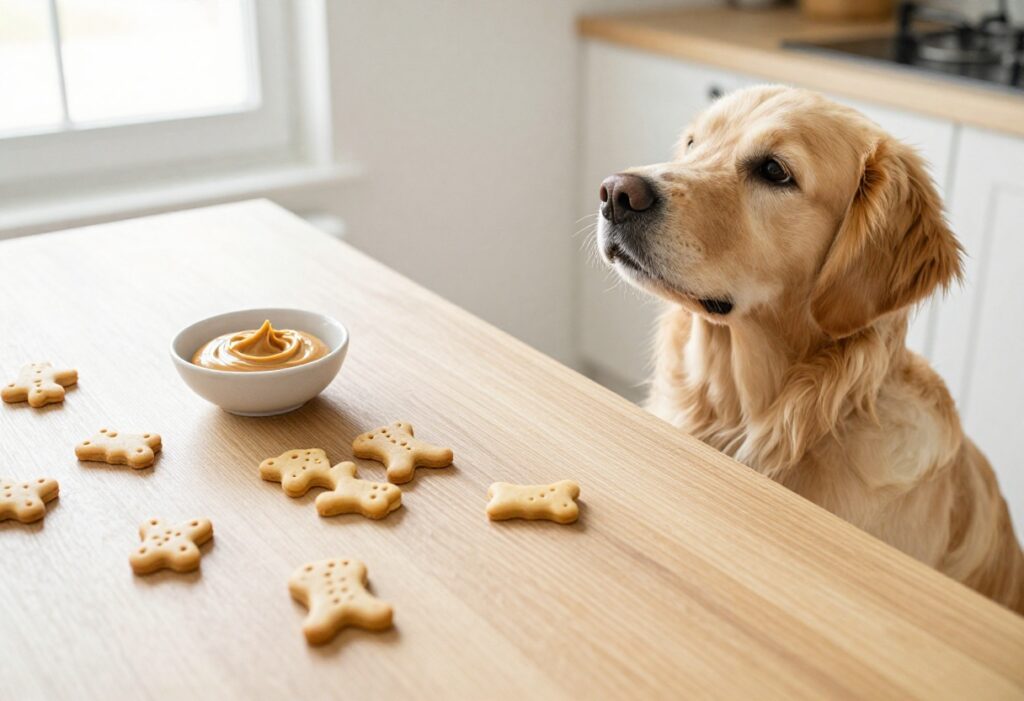 Homemade peanut butter dog biscuits on a wooden table with a golden retriever looking on