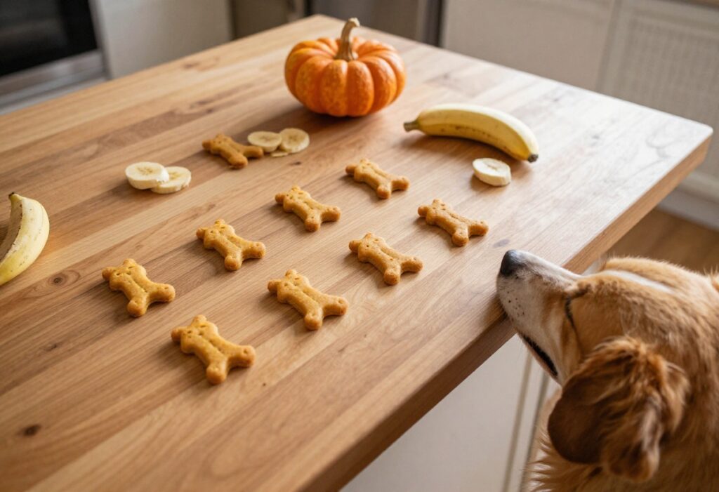 Homemade pumpkin banana dog cookies on a wooden counter with a dog's paw reaching for them