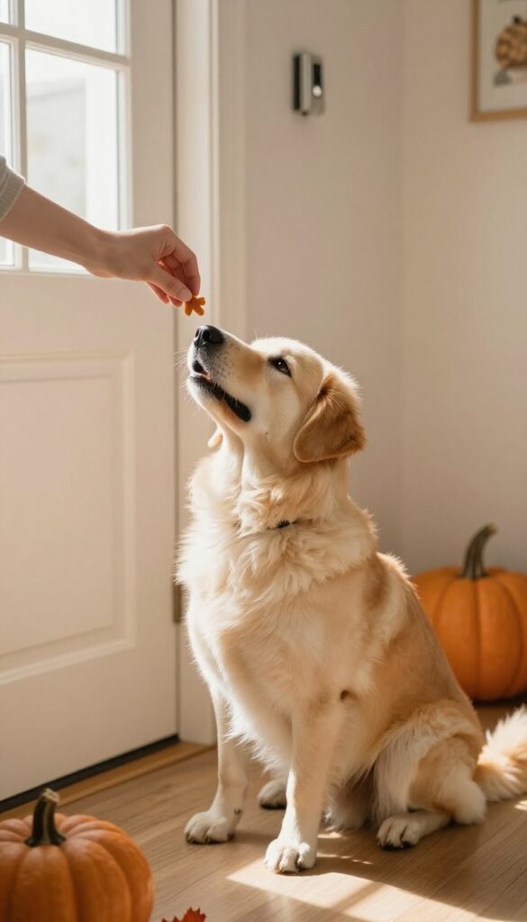 A calm dog sitting by the door, looking at a treat held by its owner, with a doorbell on the wall and soft natural light in a cozy home.