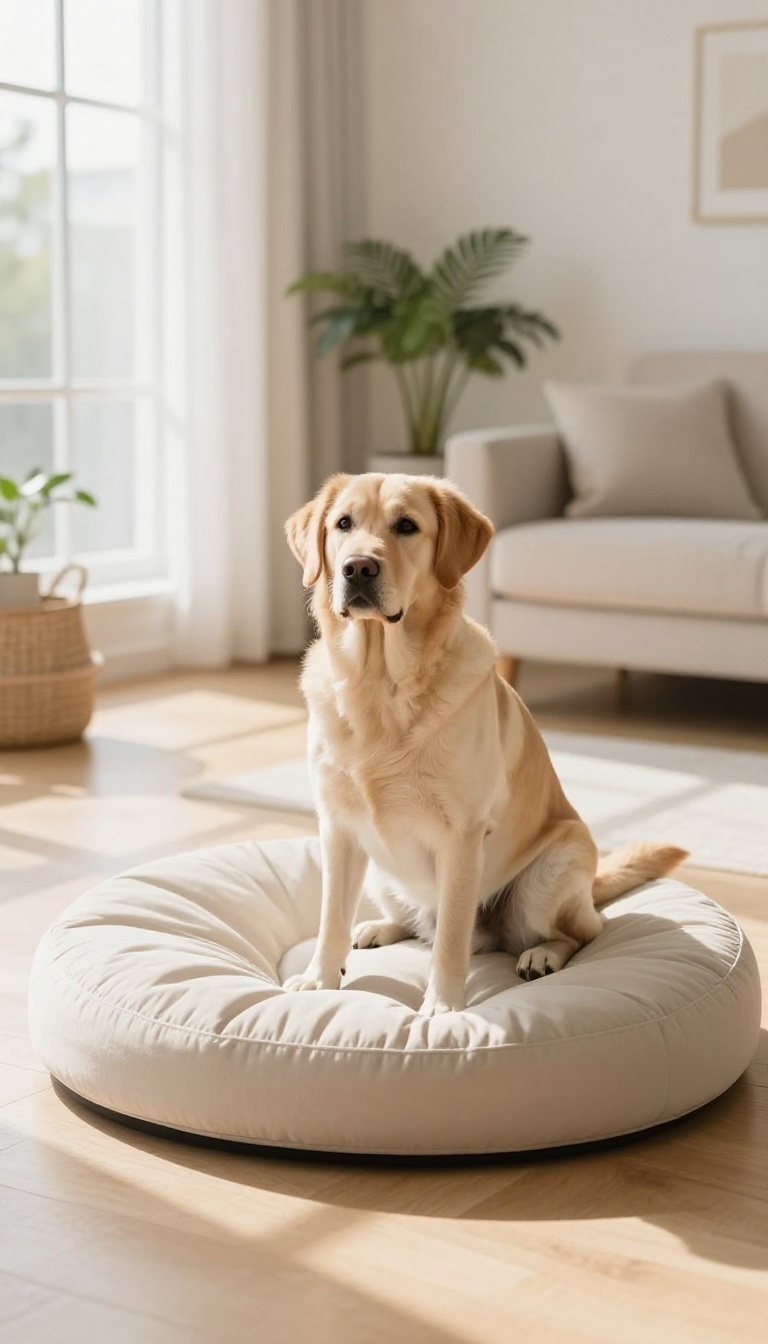 A dog sitting calmly on a mat in a bright living room, illustrating the 'place' command.