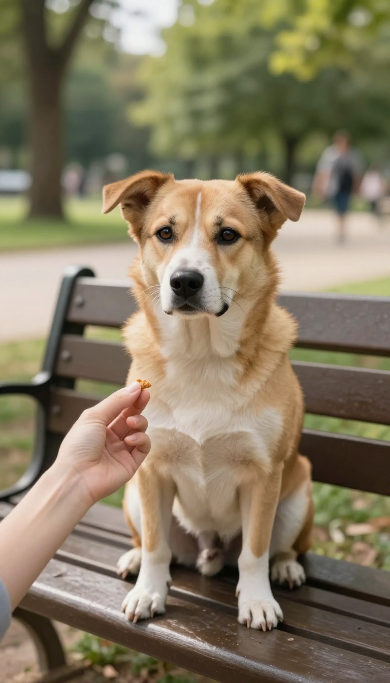 Dog making eye contact with owner during training in a park