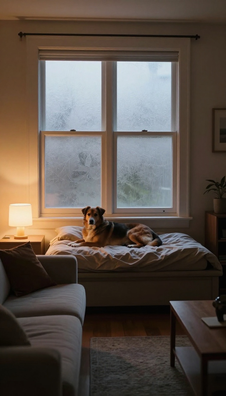 Dog resting peacefully near a window with frosted privacy film, blocking the view outside, in a cozy living room at dusk.