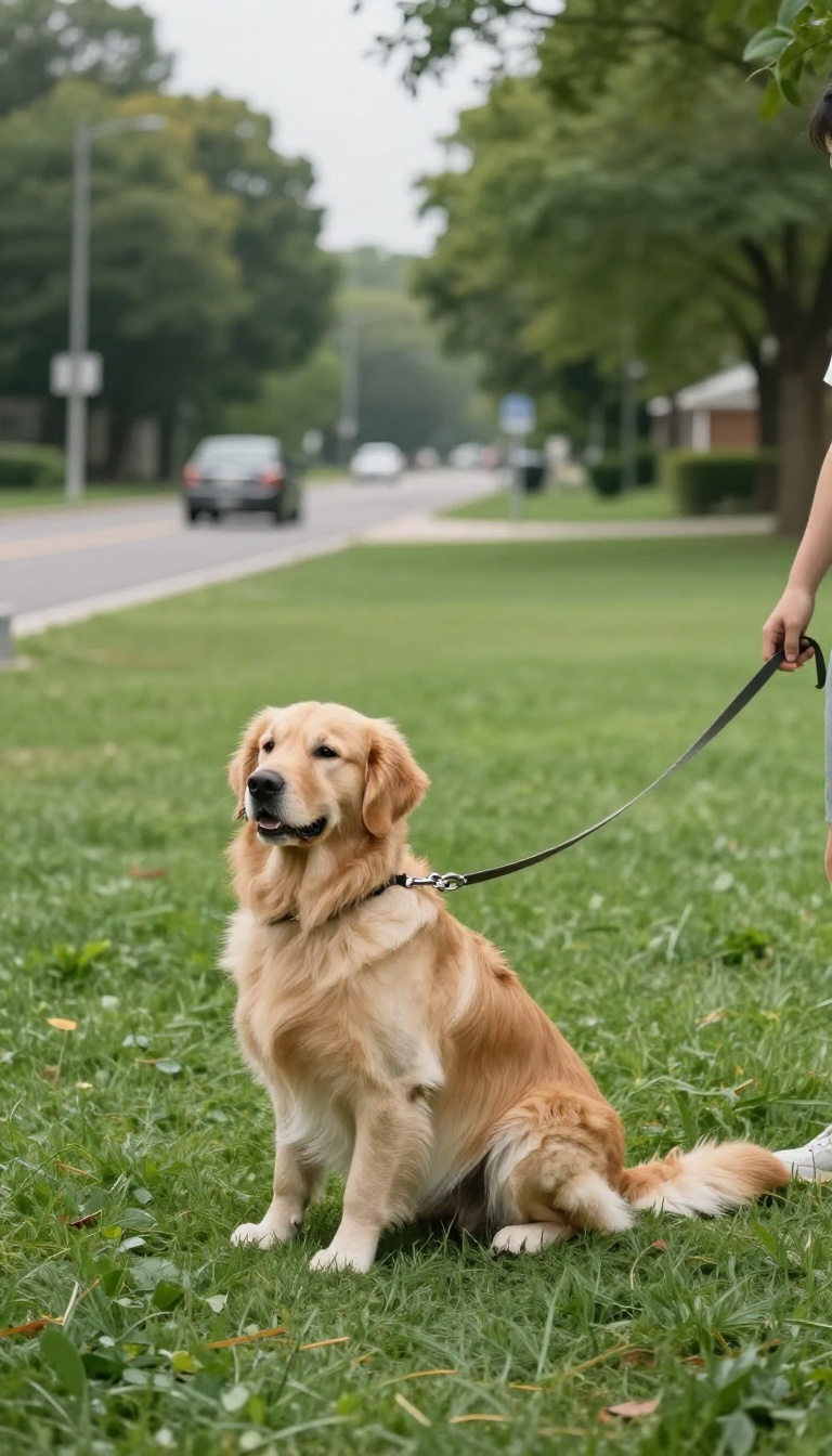 A dog on a long line training leash calmly observing a passing car from a safe distance