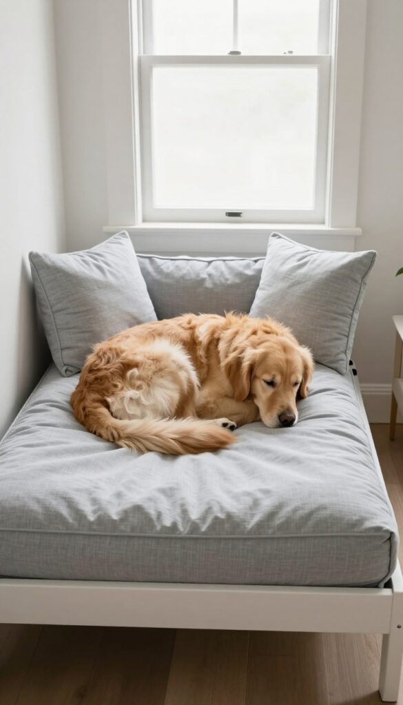 DIY bolster dog bed made from a crib mattress with a large dog resting on it in a bright living room.