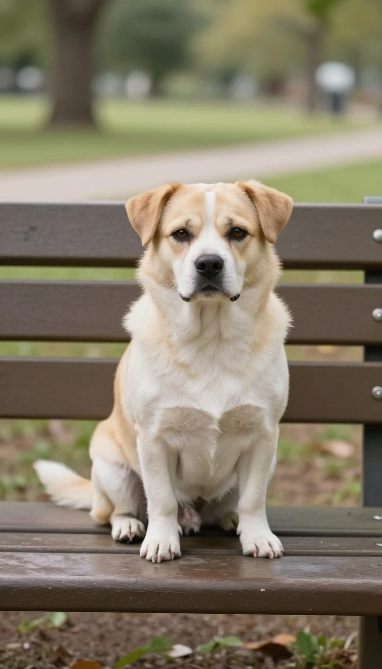 A relaxed dog sitting on a park bench, exhibiting calm body language in a bright, peaceful setting.