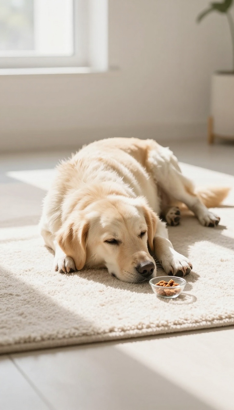 Calm dog lying on a rug in a bright room with a bowl of treats nearby