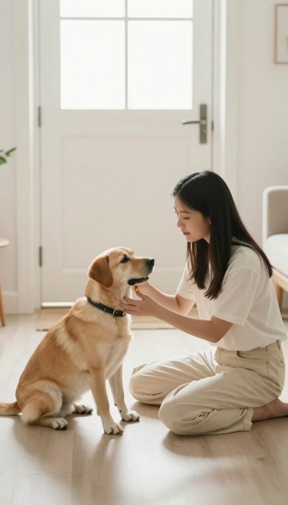 Dog owner patiently training a calm dog near the front door in a bright living room