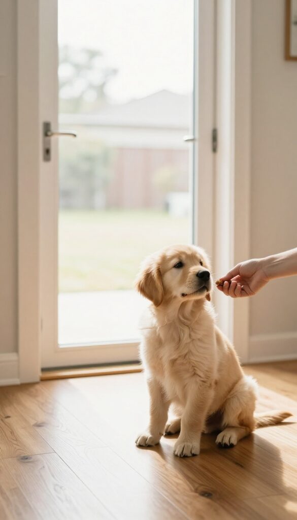 Puppy sitting patiently at an open door during a training session
