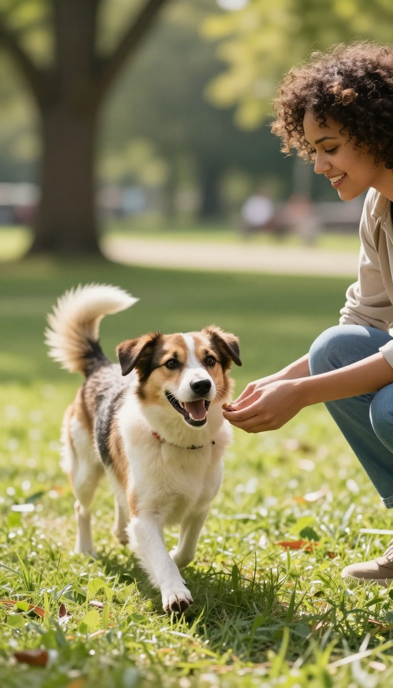 A happy dog running to its owner in a park for a high-value reward during recall training.